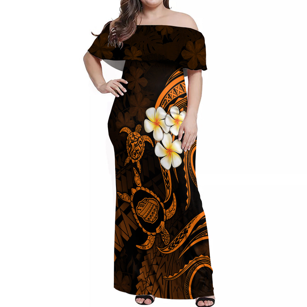 Hawaii Off Shoulder Maxi Dress Kauai Islands Polynesian Sunset Plumeria Gold Vibe LT9 Women Gold - Polynesian Pride