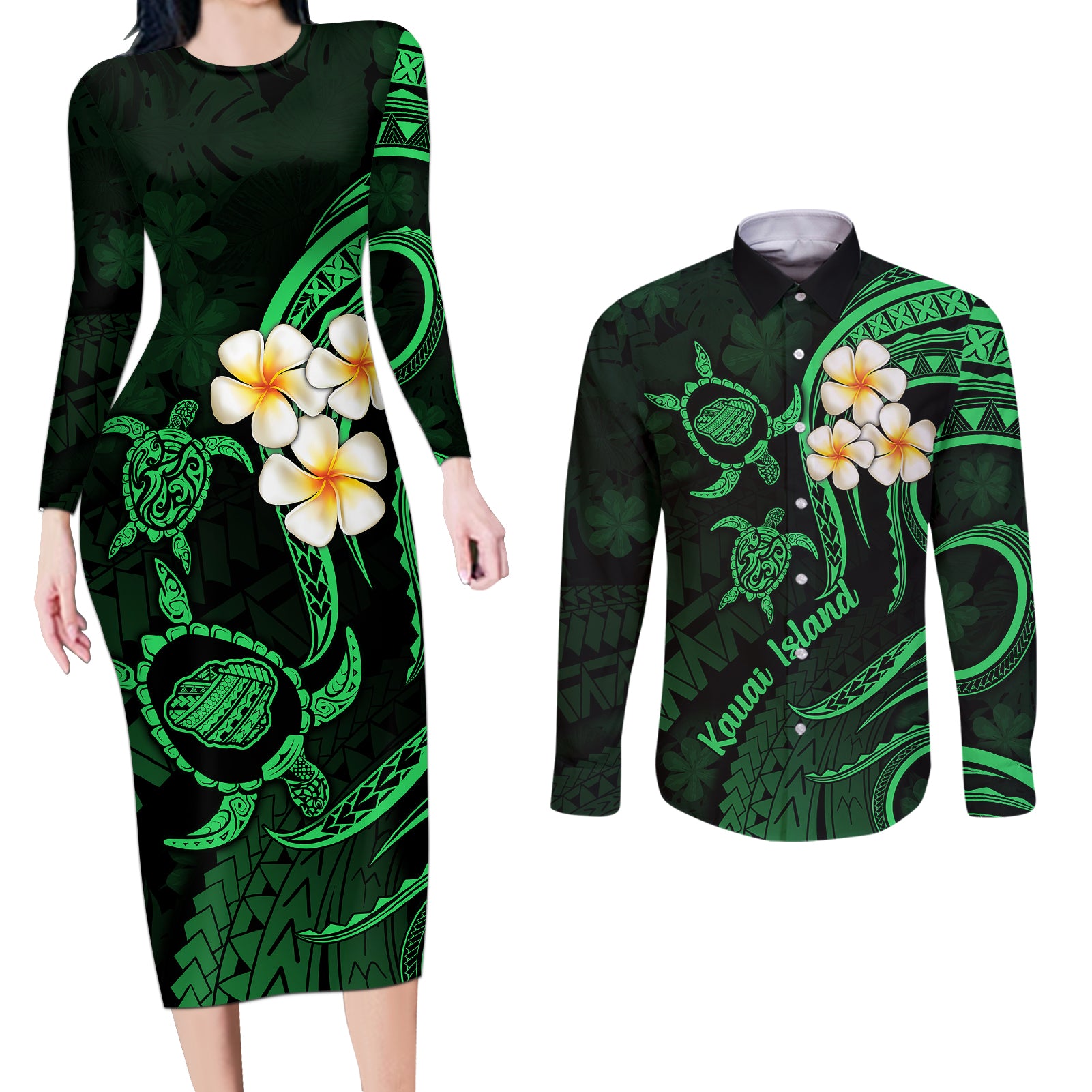 Hawaii Couples Long Sleeve Bodycon Dress and Long Sleeve Button Shirts Kauai Islands Polynesian Sunset Plumeria Green Vibe LT9 Green - Polynesian Pride