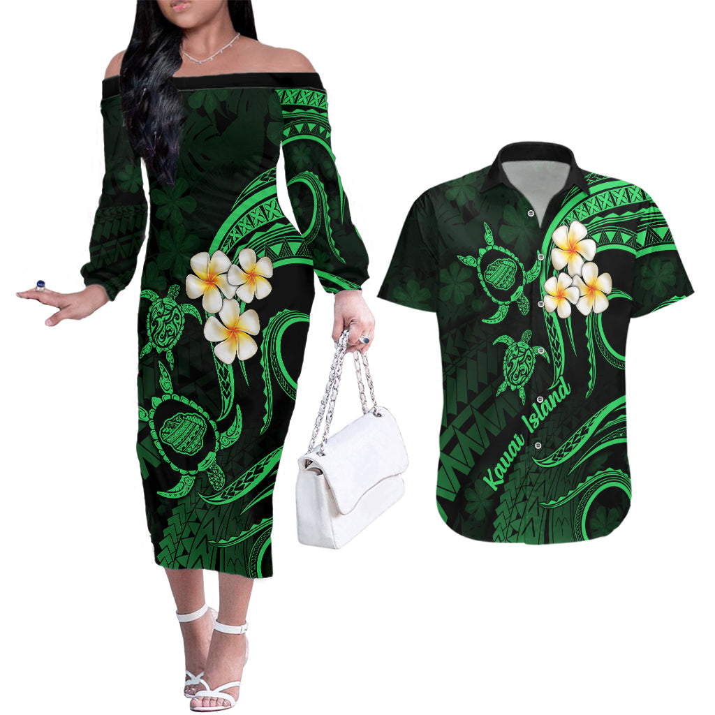 Hawaii Couples Off The Shoulder Long Sleeve Dress and Hawaiian Shirt Kauai Islands Polynesian Sunset Plumeria Green Vibe LT9 Green - Polynesian Pride