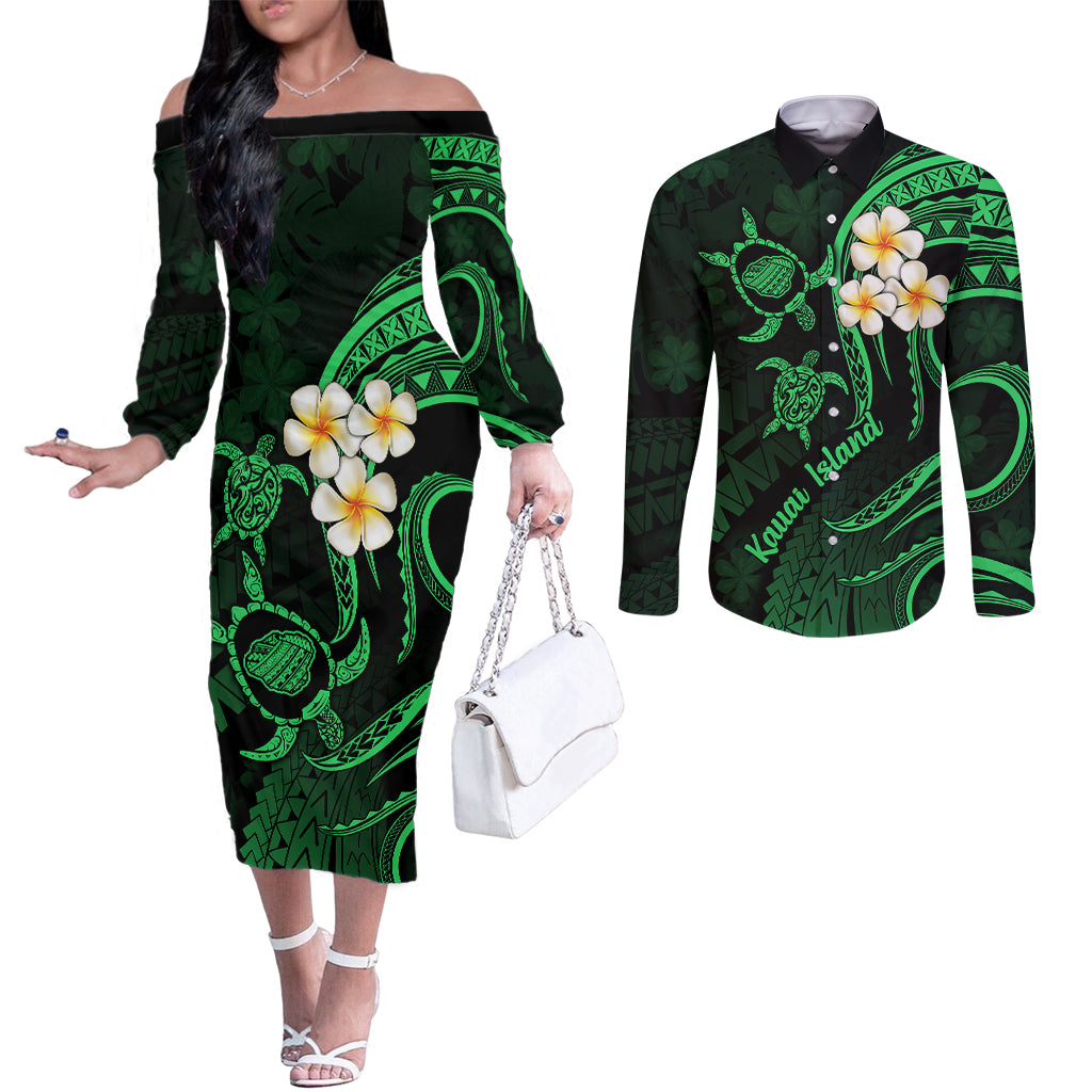 Hawaii Couples Off The Shoulder Long Sleeve Dress and Long Sleeve Button Shirts Kauai Islands Polynesian Sunset Plumeria Green Vibe LT9 Green - Polynesian Pride