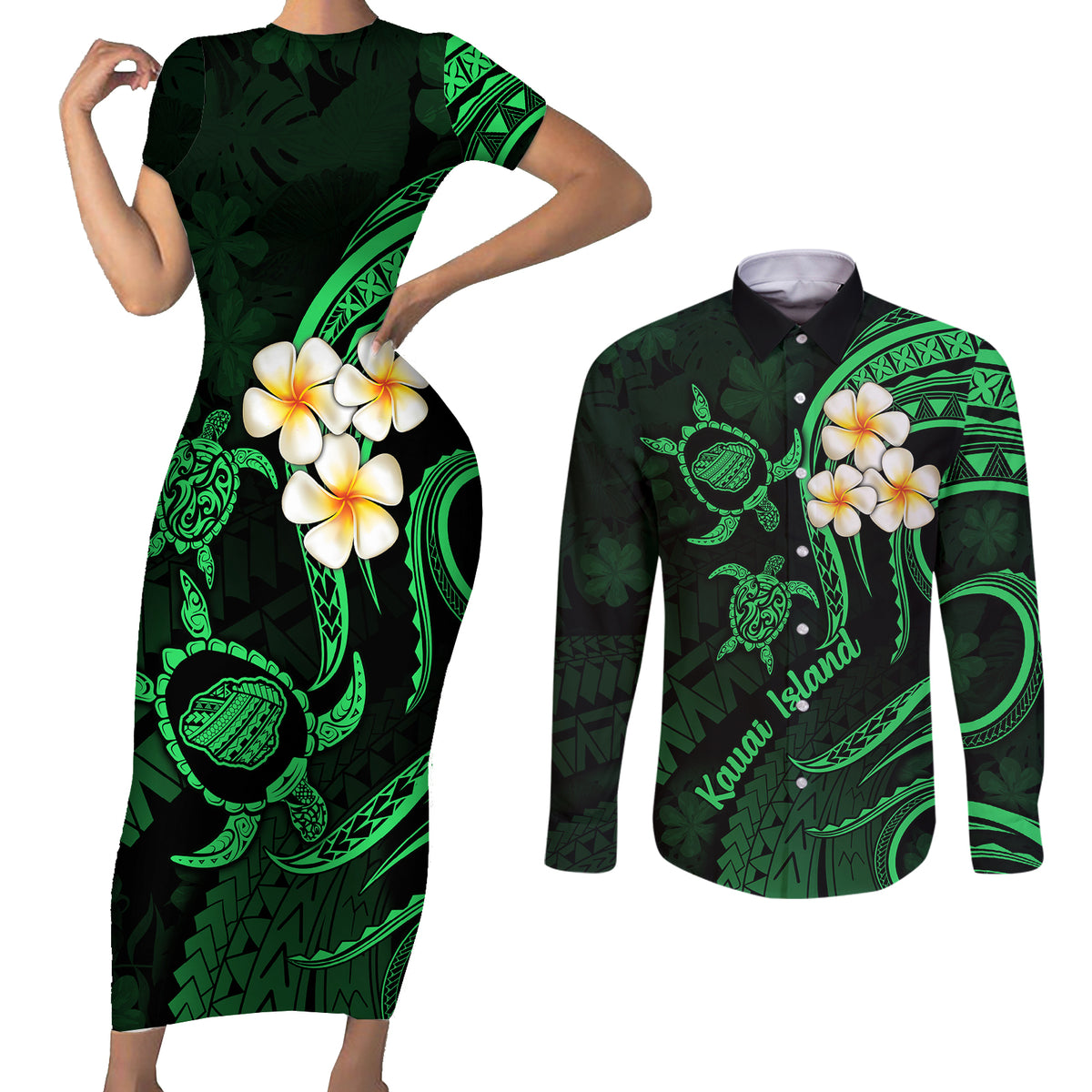 Hawaii Couples Short Sleeve Bodycon Dress and Long Sleeve Button Shirts Kauai Islands Polynesian Sunset Plumeria Green Vibe LT9 Green - Polynesian Pride