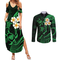 Hawaii Couples Summer Maxi Dress and Long Sleeve Button Shirts Kauai Islands Polynesian Sunset Plumeria Green Vibe LT9 Green - Polynesian Pride