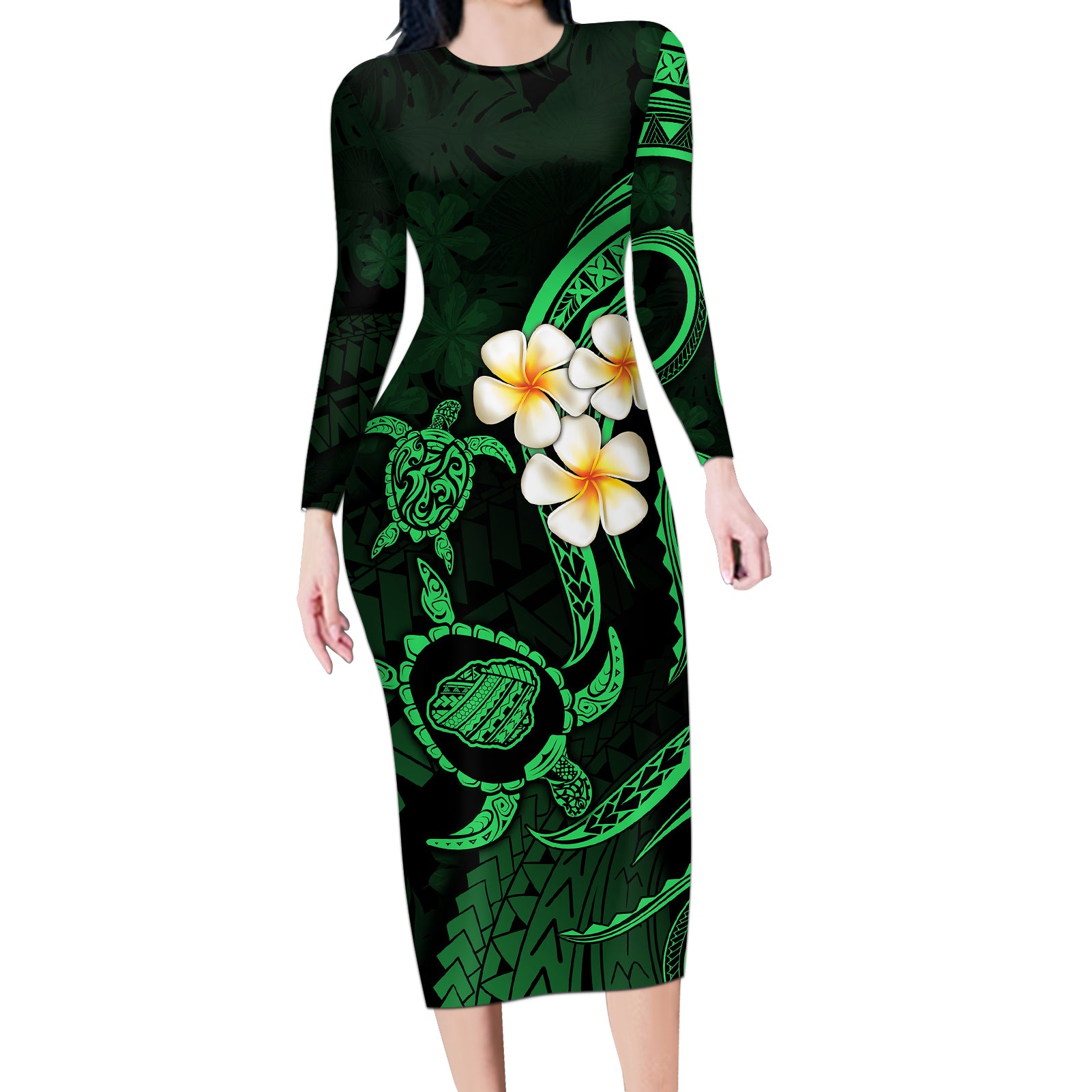 Hawaii Long Sleeve Bodycon Dress Kauai Islands Polynesian Sunset Plumeria Green Vibe LT9 Long Dress Green - Polynesian Pride