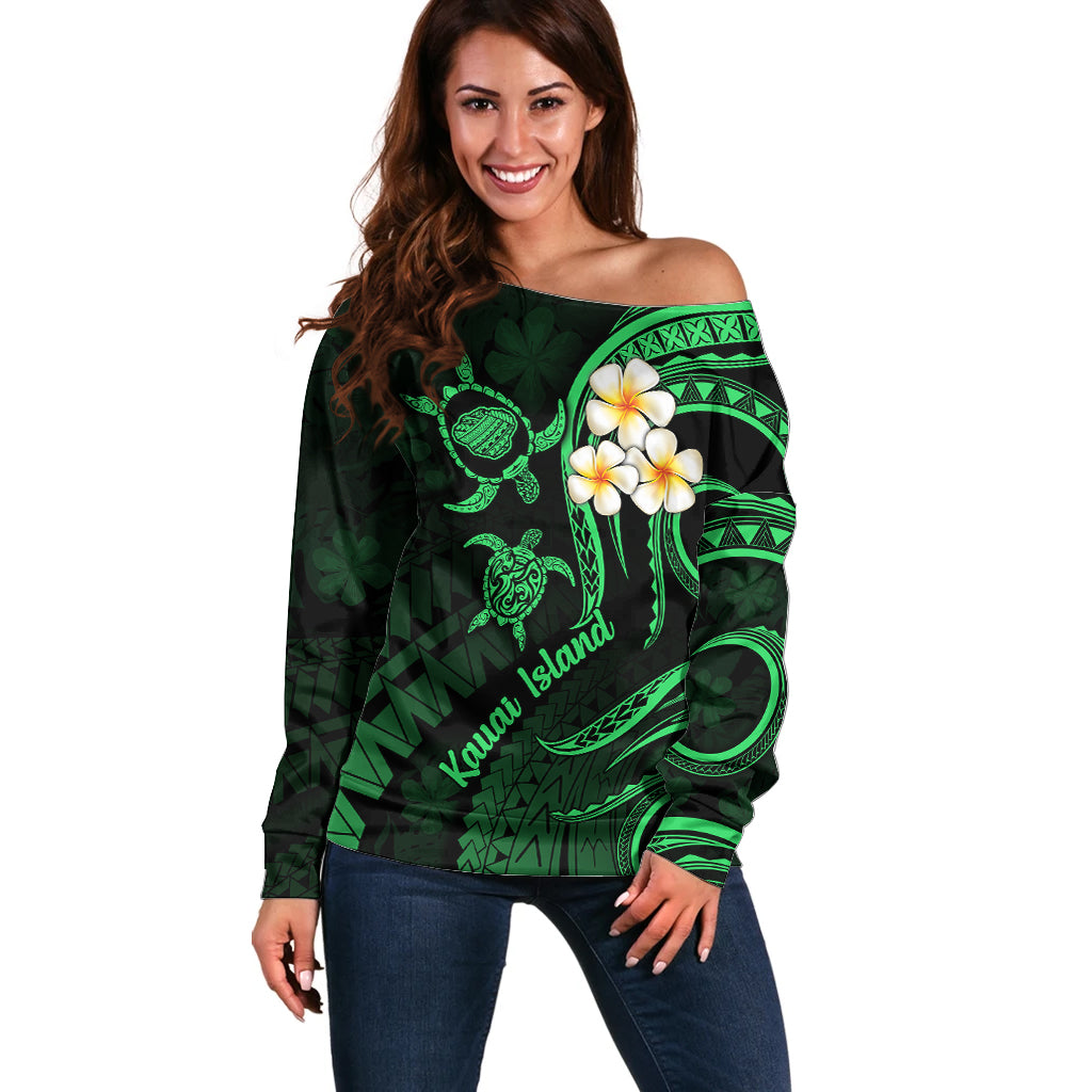 Hawaii Off Shoulder Sweater Kauai Islands Polynesian Sunset Plumeria Green Vibe LT9 Women Green - Polynesian Pride