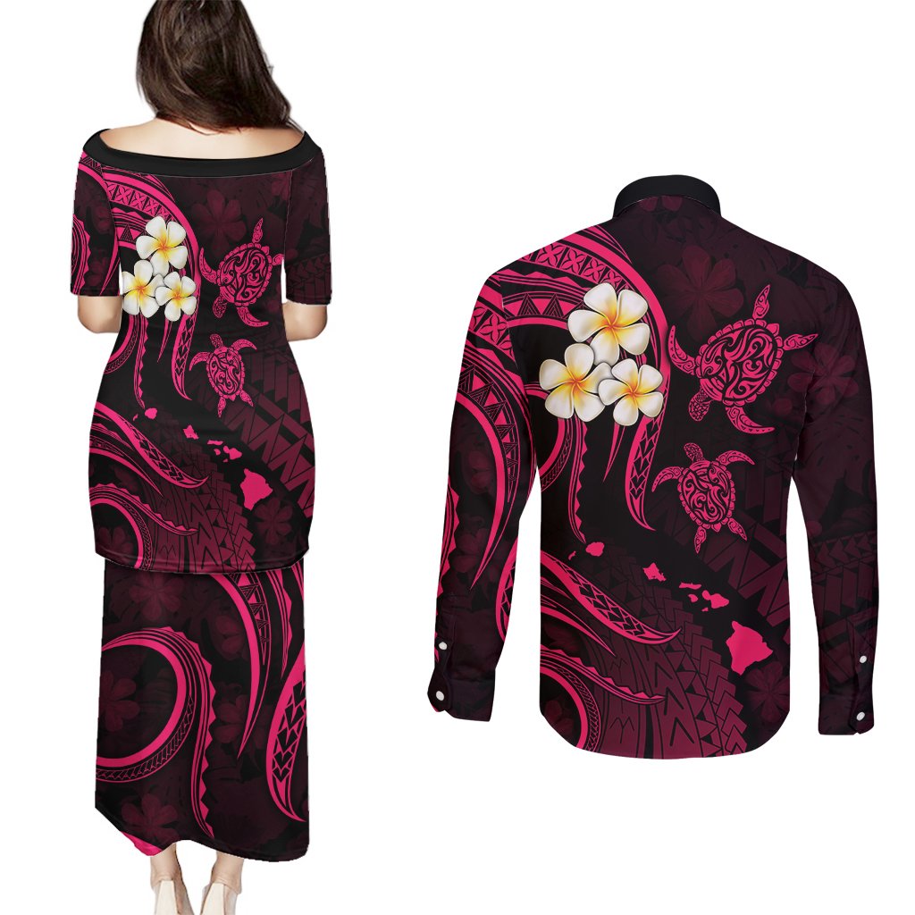 Hawaii Couples Puletasi Dress and Long Sleeve Button Shirts Kauai Islands Polynesian Sunset Plumeria Pink Vibe LT9 - Polynesian Pride