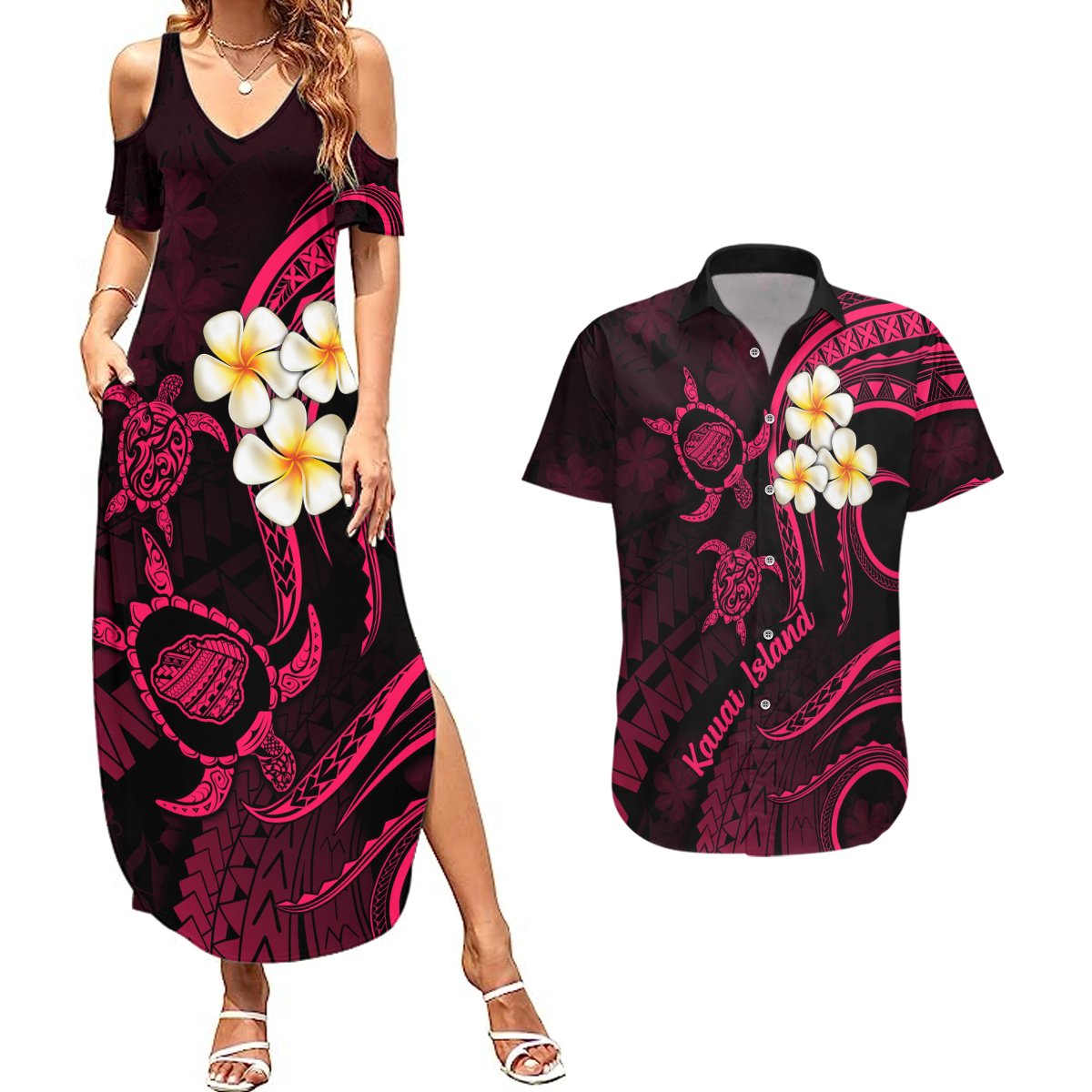 Hawaii Couples Summer Maxi Dress and Hawaiian Shirt Kauai Islands Polynesian Sunset Plumeria Pink Vibe LT9 Pink - Polynesian Pride