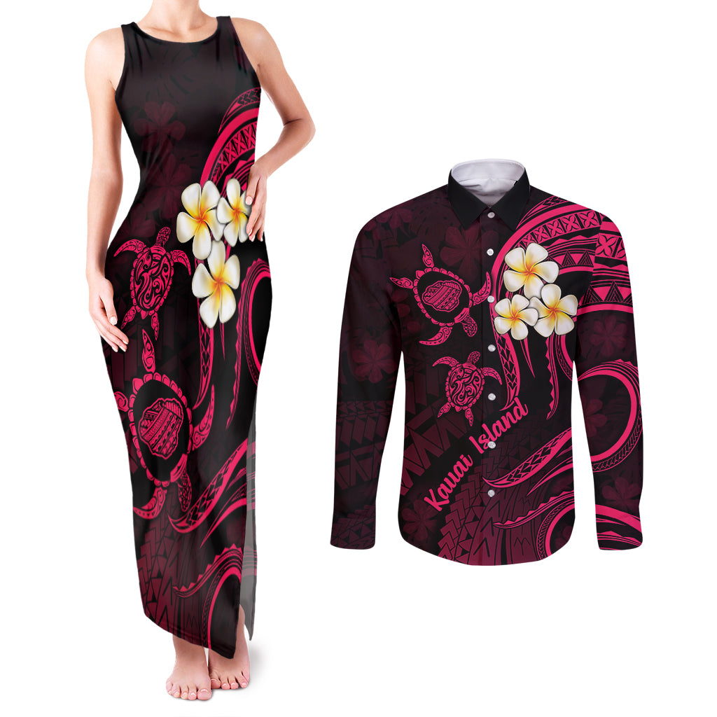 Hawaii Couples Matching Tank Maxi Dress and Long Sleeve Button Shirts Kauai Islands Polynesian Sunset Plumeria Pink Vibe LT9 Pink - Polynesian Pride