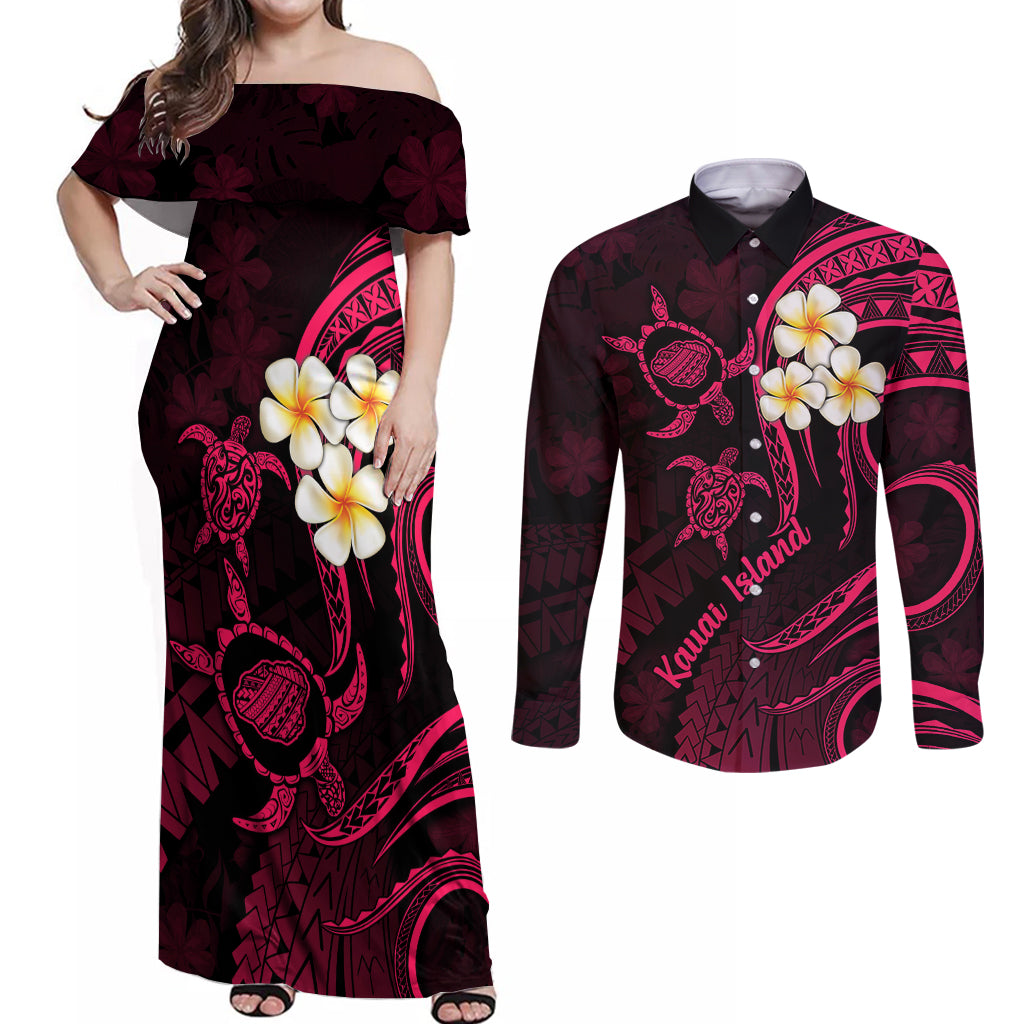 Hawaii Couples Off Shoulder Maxi Dress and Long Sleeve Button Shirts Kauai Islands Polynesian Sunset Plumeria Pink Vibe LT9 Pink - Polynesian Pride