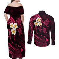 Hawaii Couples Off Shoulder Maxi Dress and Long Sleeve Button Shirts Kauai Islands Polynesian Sunset Plumeria Pink Vibe LT9 - Polynesian Pride