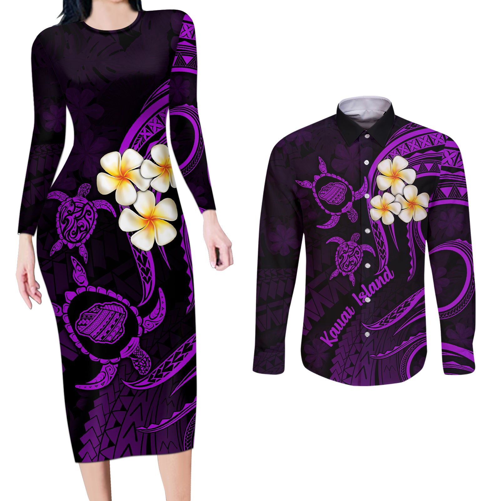 Polynesian Hawaii Couples Long Sleeve Bodycon Dress and Long Sleeve Button Shirts Kauai Islands with Pacific Plumeria Purple Vibe LT9 Purple - Polynesian Pride