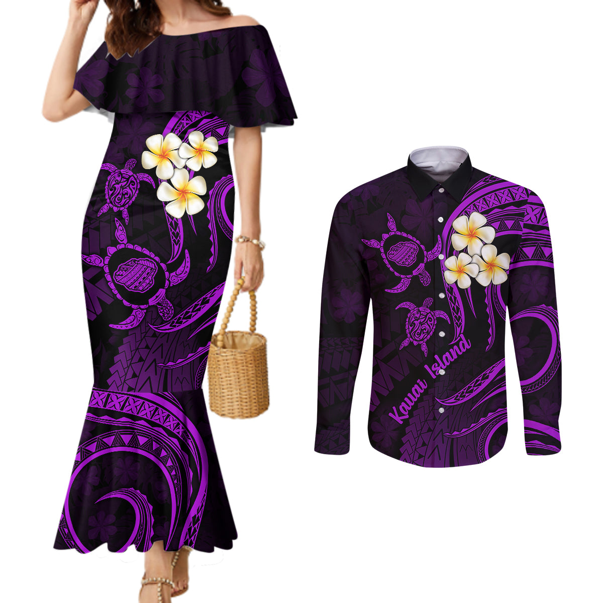 Polynesian Hawaii Couples Mermaid Dress and Long Sleeve Button Shirts Kauai Islands with Pacific Plumeria Purple Vibe LT9 Purple - Polynesian Pride