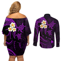 Polynesian Hawaii Couples Off Shoulder Short Dress and Long Sleeve Button Shirts Kauai Islands with Pacific Plumeria Purple Vibe LT9 - Polynesian Pride
