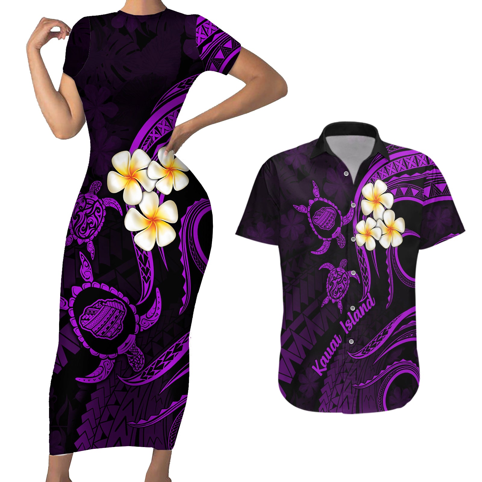 Polynesian Hawaii Couples Short Sleeve Bodycon Dress and Hawaiian Shirt Kauai Islands with Pacific Plumeria Purple Vibe LT9 Purple - Polynesian Pride