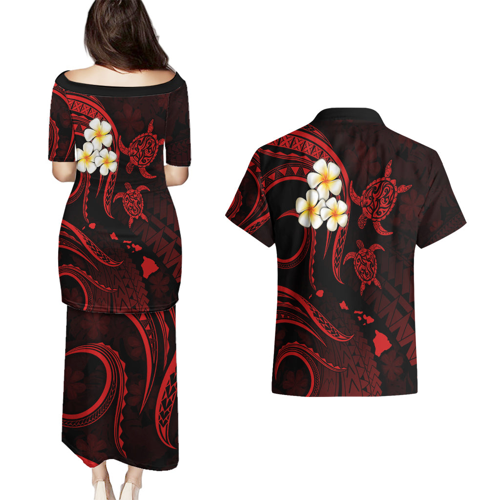 Polynesian Hawaii Couples Puletasi Dress and Hawaiian Shirt Kauai Islands with Pacific Plumeria Red Vibe LT9 - Polynesian Pride