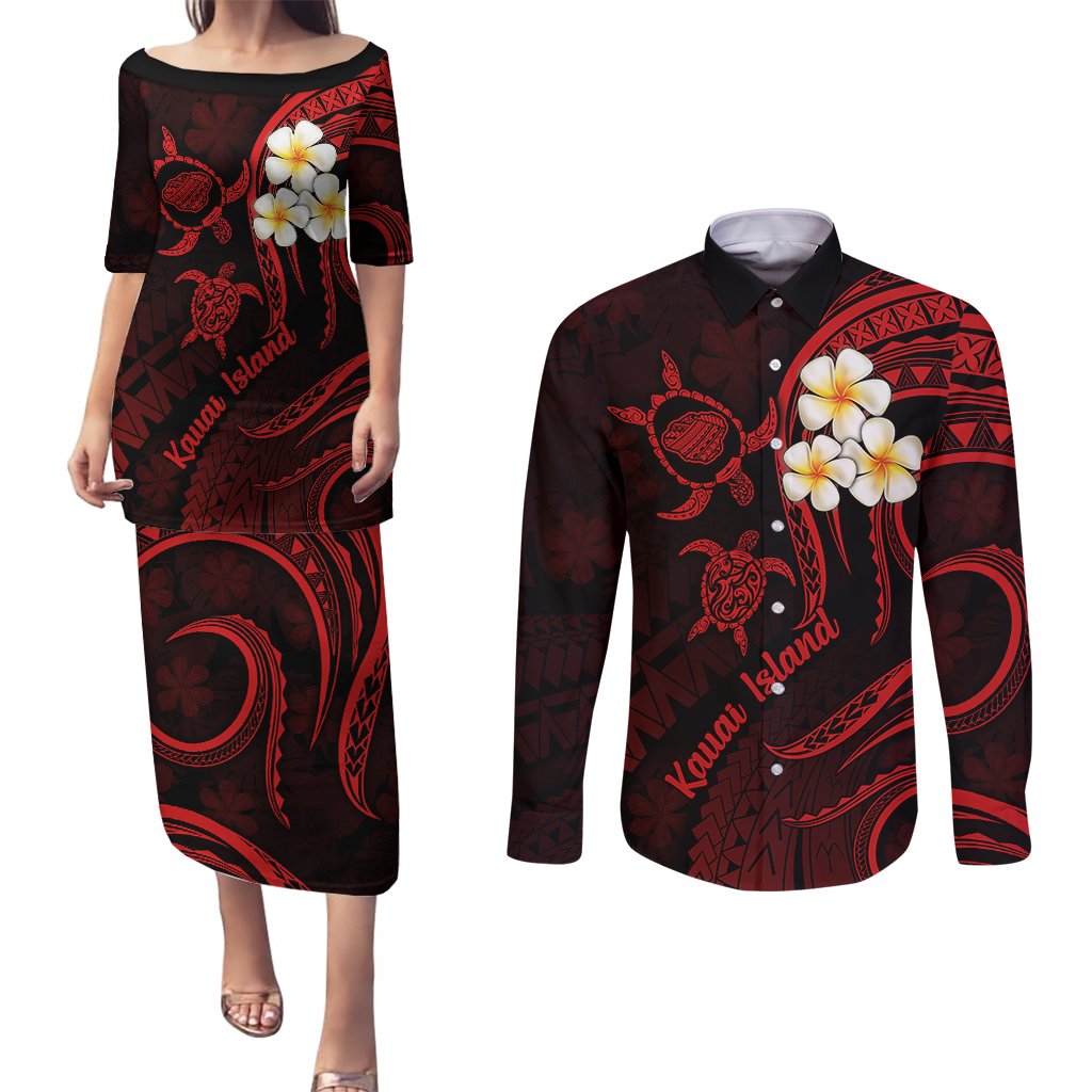 Polynesian Hawaii Couples Puletasi Dress and Long Sleeve Button Shirts Kauai Islands with Pacific Plumeria Red Vibe LT9 Red - Polynesian Pride
