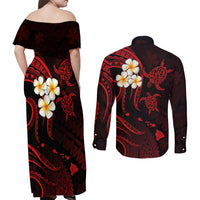 Polynesian Hawaii Couples Off Shoulder Maxi Dress and Long Sleeve Button Shirts Kauai Islands with Pacific Plumeria Red Vibe LT9 - Polynesian Pride