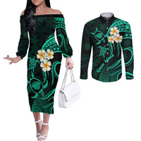 Polynesian Hawaii Couples Off The Shoulder Long Sleeve Dress and Long Sleeve Button Shirts Kauai Islands with Pacific Plumeria Turquoise Vibe LT9 Turquoise - Polynesian Pride