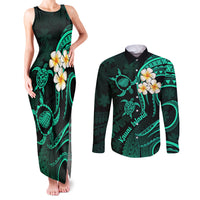 Polynesian Hawaii Couples Matching Tank Maxi Dress and Long Sleeve Button Shirts Kauai Islands with Pacific Plumeria Turquoise Vibe LT9 Turquoise - Polynesian Pride
