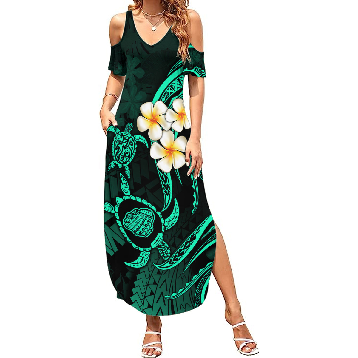 Polynesian Hawaii Summer Maxi Dress Kauai Islands with Pacific Plumeria Turquoise Vibe LT9 Women Turquoise - Polynesian Pride