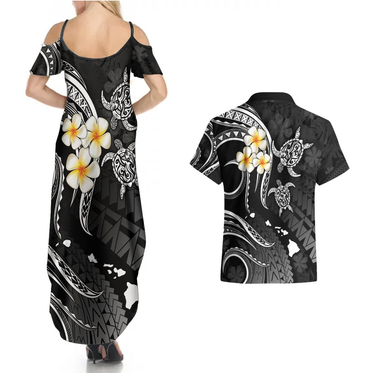 Polynesian Hawaii Couples Summer Maxi Dress and Hawaiian Shirt Kauai Islands with Pacific Plumeria White Vibe LT9 - Polynesian Pride