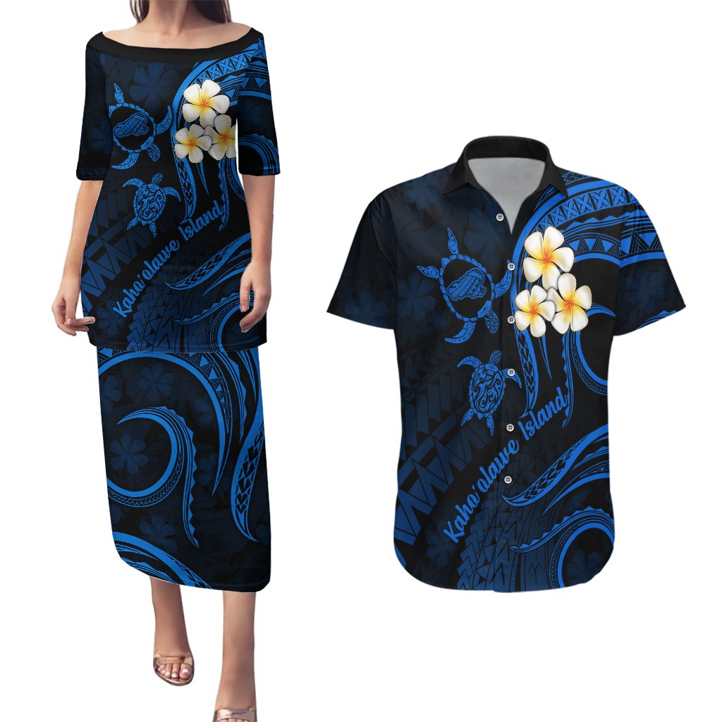 Hawaii Couples Puletasi Dress and Hawaiian Shirt Kahoolawe Islands Polynesian Sunset Plumeria LT9 Blue - Polynesian Pride