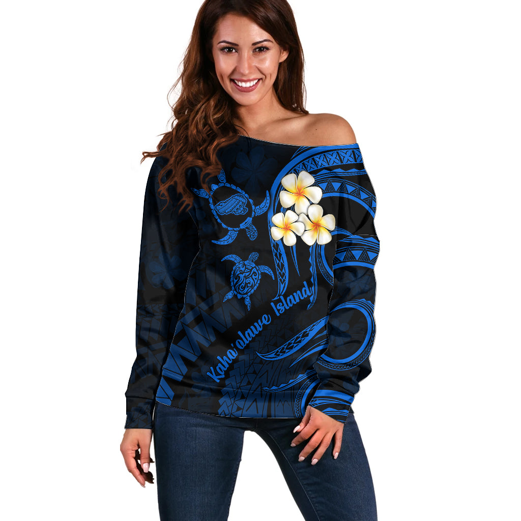 Hawaii Off Shoulder Sweater Kahoolawe Islands Polynesian Sunset Plumeria LT9 Women Blue - Polynesian Pride