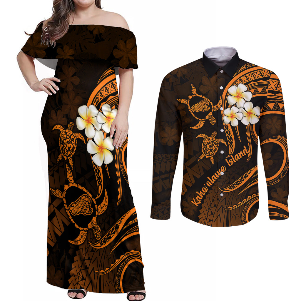 Hawaii Couples Off Shoulder Maxi Dress and Long Sleeve Button Shirts Kahoolawe Islands Polynesian Sunset Plumeria Gold Vibe LT9 Gold - Polynesian Pride