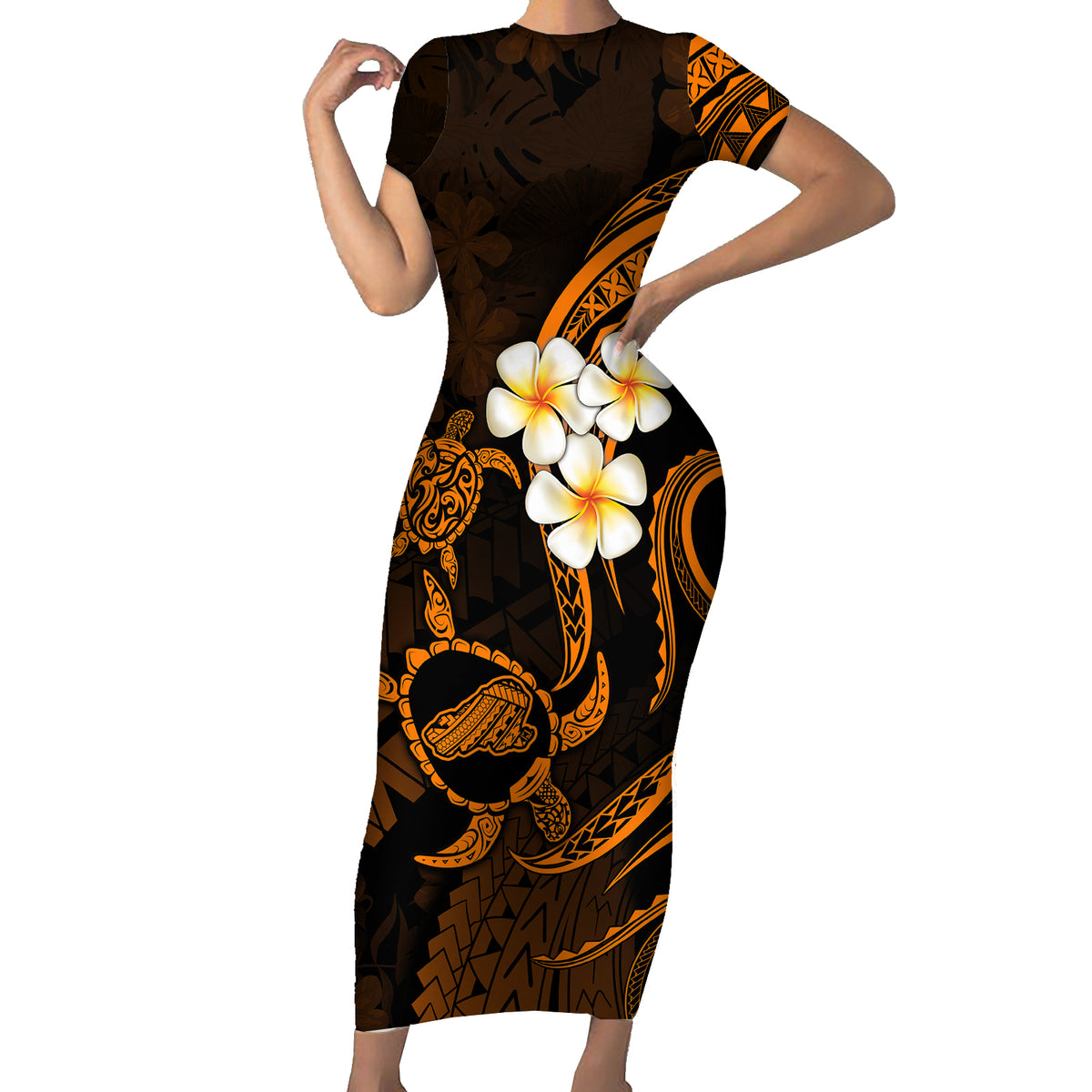 Hawaii Short Sleeve Bodycon Dress Kahoolawe Islands Polynesian Sunset Plumeria Gold Vibe LT9 Long Dress Gold - Polynesian Pride
