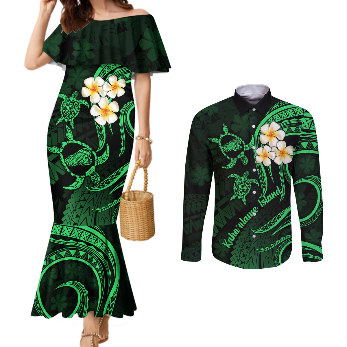 Hawaii Couples Mermaid Dress and Long Sleeve Button Shirts Kahoolawe Islands Polynesian Sunset Plumeria Green Vibe LT9 Green - Polynesian Pride