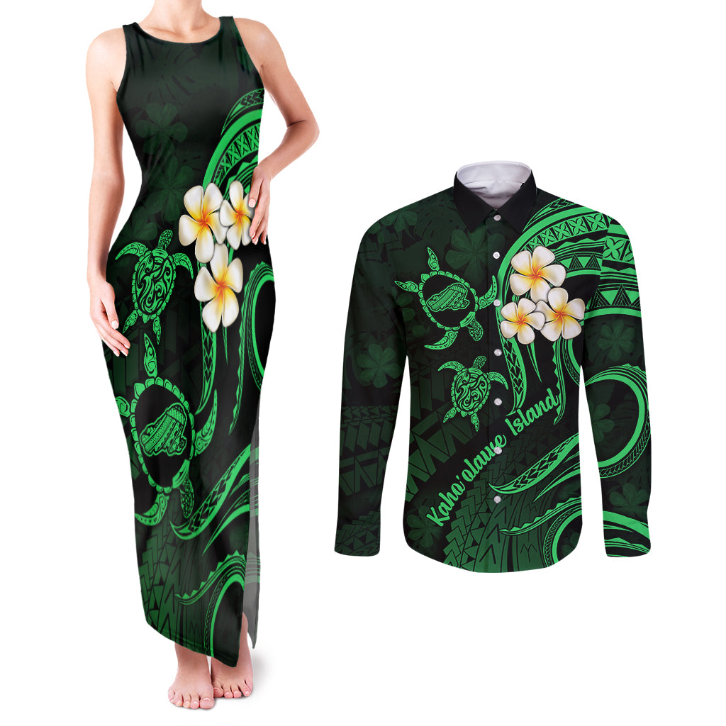 Hawaii Couples Matching Tank Maxi Dress and Long Sleeve Button Shirts Kahoolawe Islands Polynesian Sunset Plumeria Green Vibe LT9 Green - Polynesian Pride