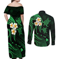 Hawaii Couples Off Shoulder Maxi Dress and Long Sleeve Button Shirts Kahoolawe Islands Polynesian Sunset Plumeria Green Vibe LT9 - Polynesian Pride