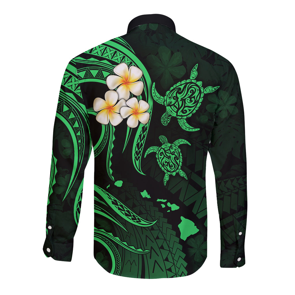 Hawaii Long Sleeve Button Shirt Kahoolawe Islands Polynesian Sunset Plumeria Green Vibe LT9 - Polynesian Pride