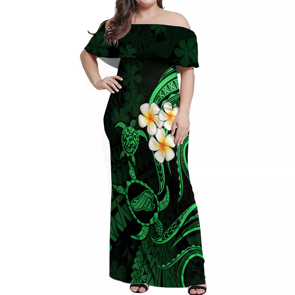 Hawaii Off Shoulder Maxi Dress Kahoolawe Islands Polynesian Sunset Plumeria Green Vibe LT9 Women Green - Polynesian Pride