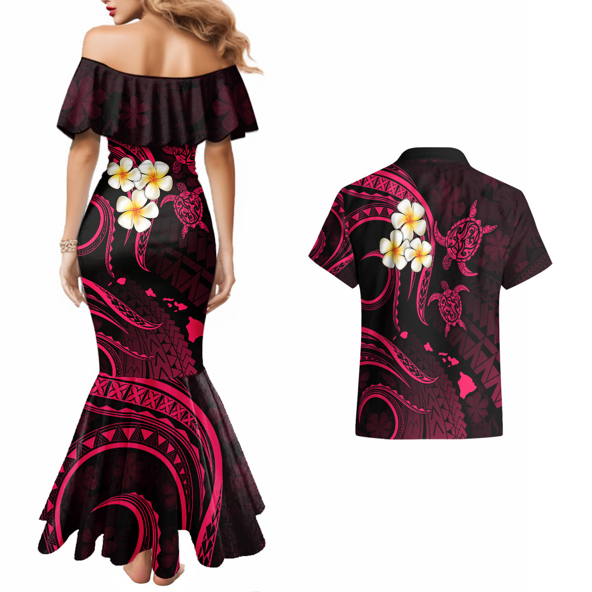 Hawaii Couples Mermaid Dress And Hawaiian Shirt Kahoolawe Islands Polynesian Sunset Plumeria Pink Vibe LT9 - Polynesian Pride