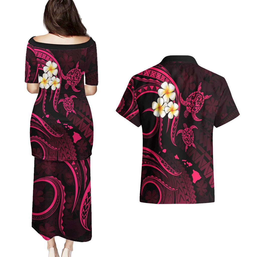 Hawaii Couples Puletasi Dress and Hawaiian Shirt Kahoolawe Islands Polynesian Sunset Plumeria Pink Vibe LT9 - Polynesian Pride