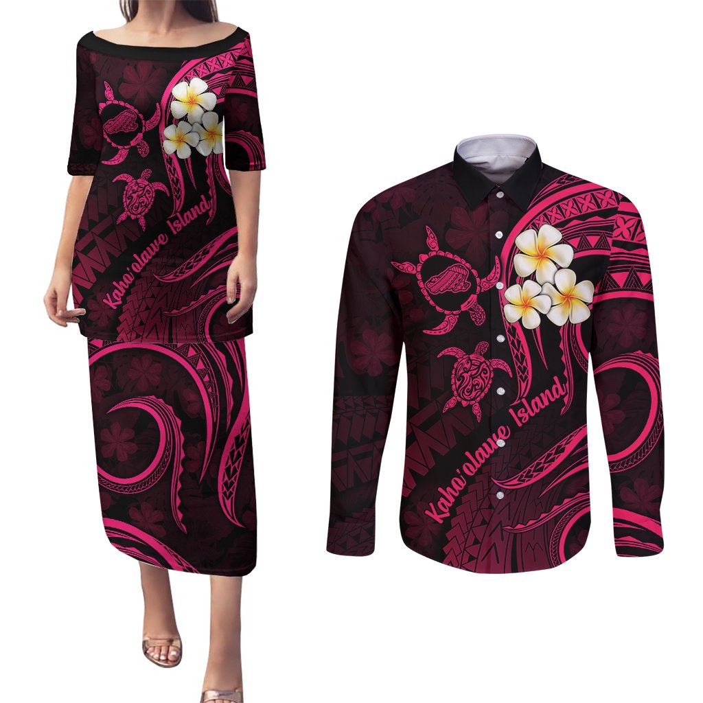 Hawaii Couples Puletasi Dress and Long Sleeve Button Shirts Kahoolawe Islands Polynesian Sunset Plumeria Pink Vibe LT9 Pink - Polynesian Pride