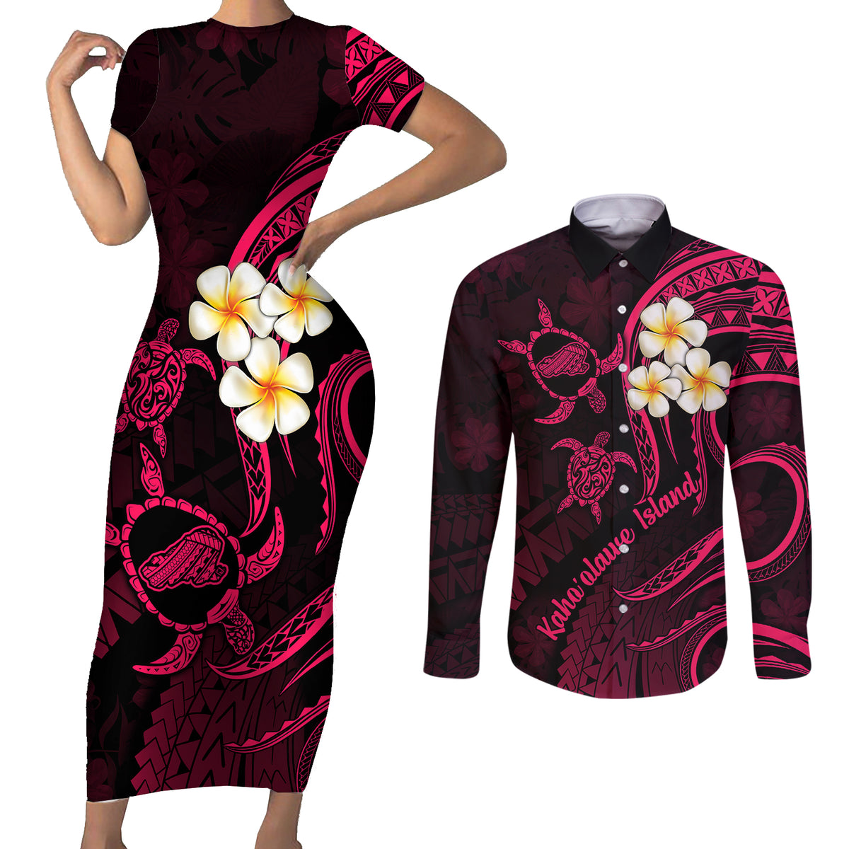 Hawaii Couples Short Sleeve Bodycon Dress and Long Sleeve Button Shirts Kahoolawe Islands Polynesian Sunset Plumeria Pink Vibe LT9 Pink - Polynesian Pride