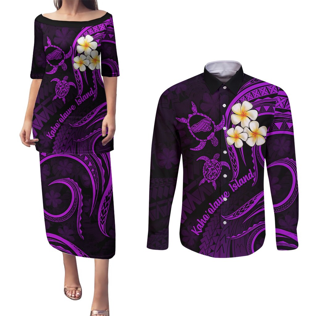 Polynesian Hawaii Couples Puletasi Dress and Long Sleeve Button Shirts Kahoolawe Islands with Pacific Plumeria Purple Vibe LT9 Purple - Polynesian Pride