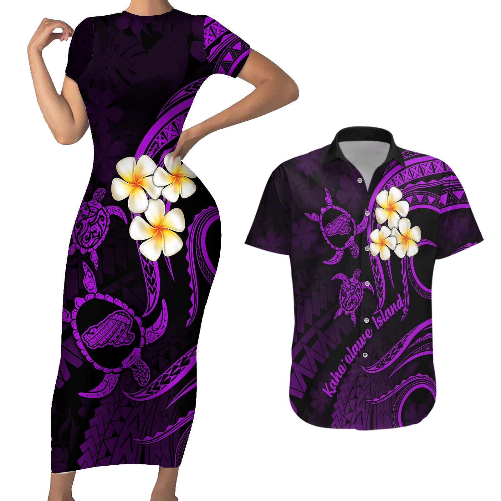 Polynesian Hawaii Couples Short Sleeve Bodycon Dress and Hawaiian Shirt Kahoolawe Islands with Pacific Plumeria Purple Vibe LT9 Purple - Polynesian Pride