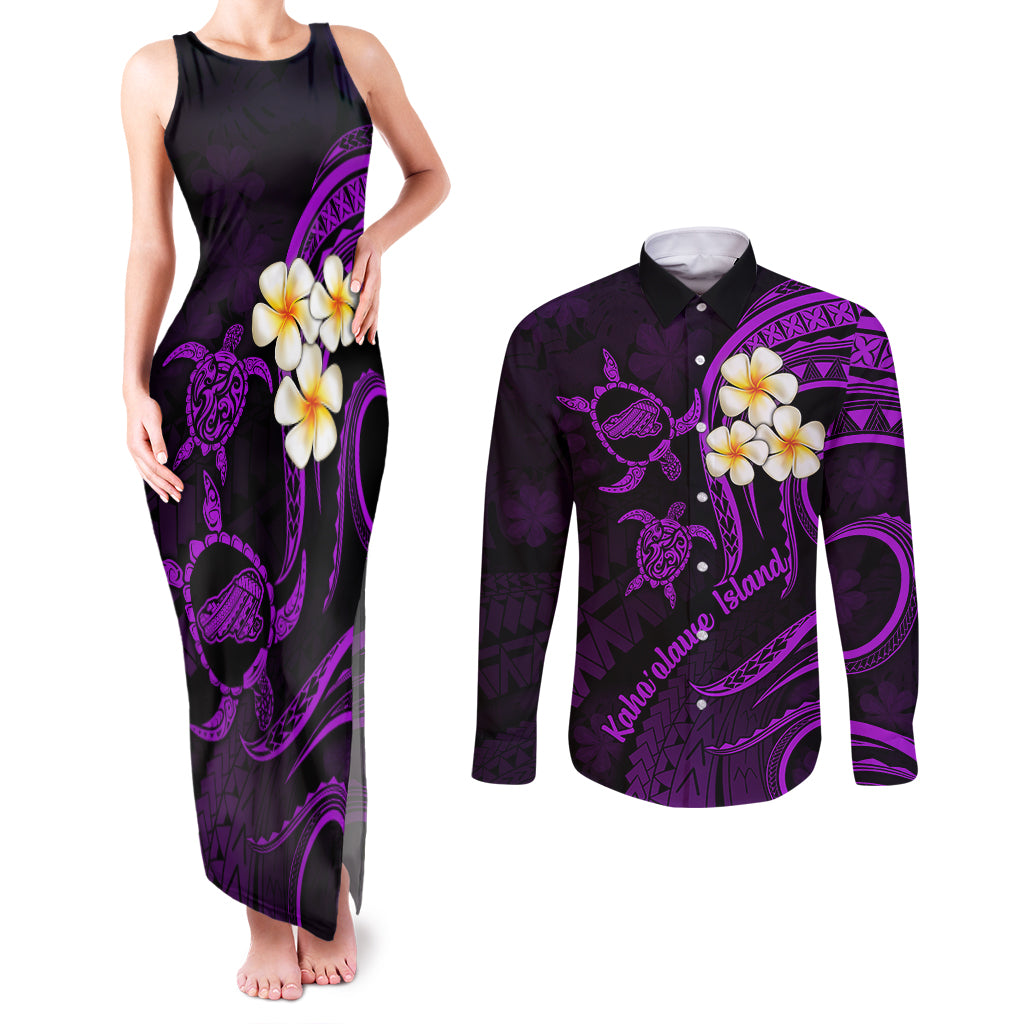 Polynesian Hawaii Couples Matching Tank Maxi Dress and Long Sleeve Button Shirts Kahoolawe Islands with Pacific Plumeria Purple Vibe LT9 Purple - Polynesian Pride