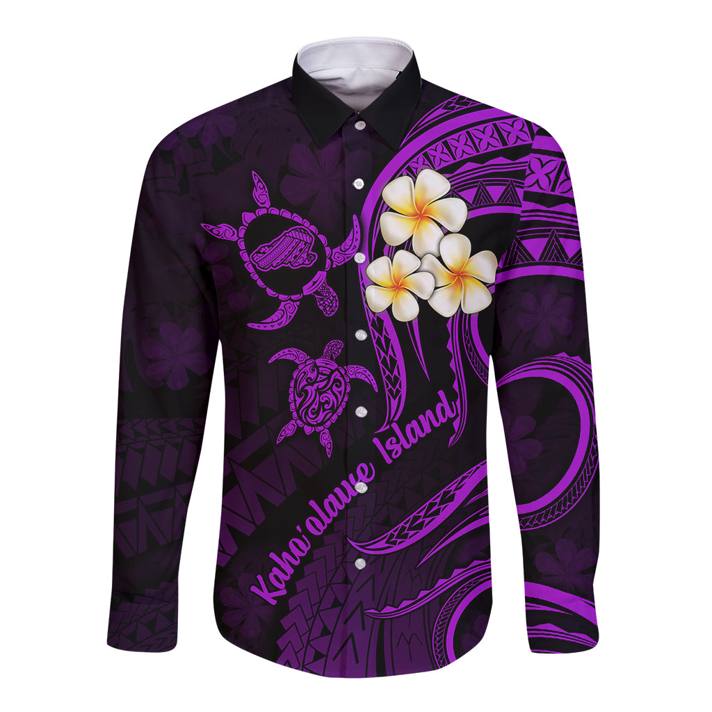 Polynesian Hawaii Long Sleeve Button Shirt Kahoolawe Islands with Pacific Plumeria Purple Vibe LT9 Unisex Purple - Polynesian Pride
