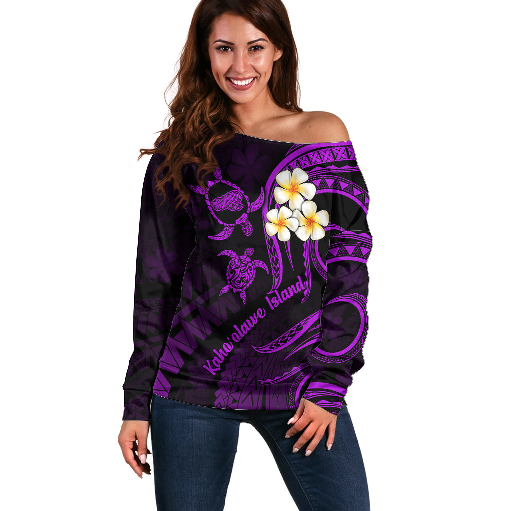 Polynesian Hawaii Off Shoulder Sweater Kahoolawe Islands with Pacific Plumeria Purple Vibe LT9 Women Purple - Polynesian Pride