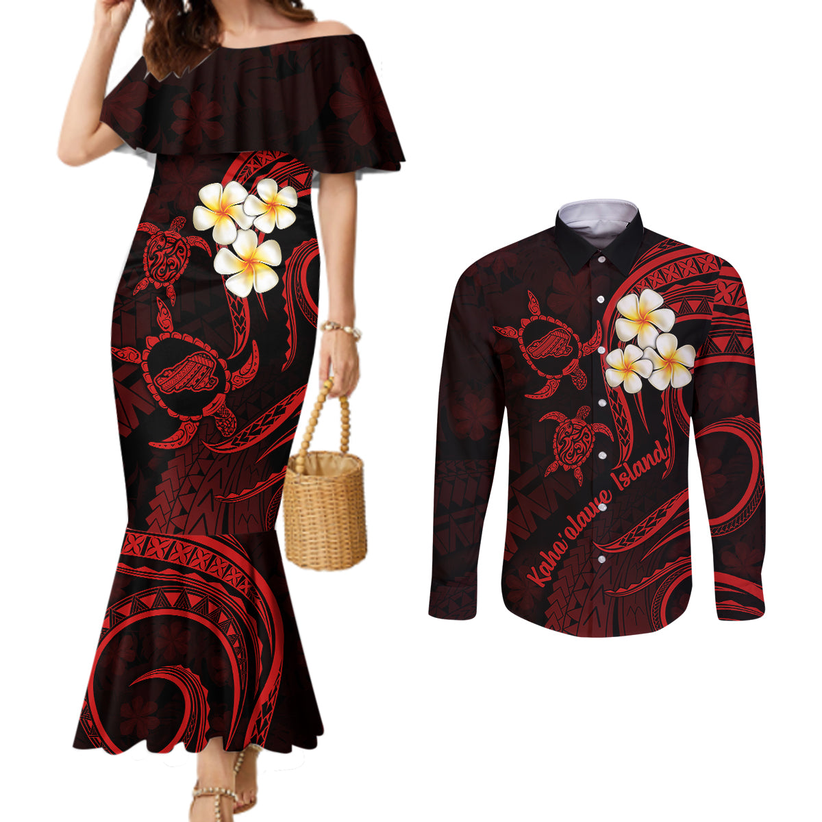 Polynesian Hawaii Couples Mermaid Dress and Long Sleeve Button Shirts Kahoolawe Islands with Pacific Plumeria Red Vibe LT9 Red - Polynesian Pride