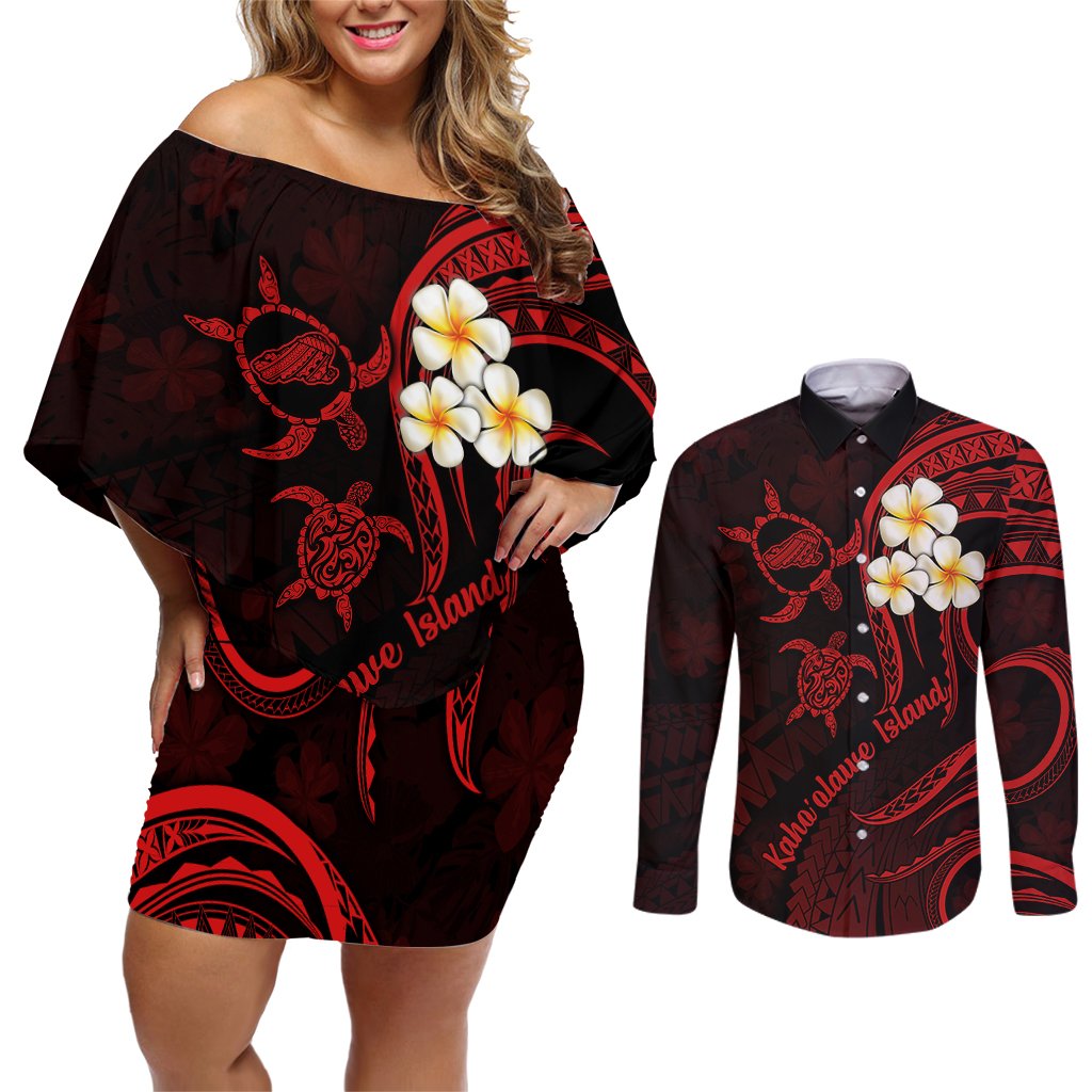 Polynesian Hawaii Couples Off Shoulder Short Dress and Long Sleeve Button Shirts Kahoolawe Islands with Pacific Plumeria Red Vibe LT9 Red - Polynesian Pride