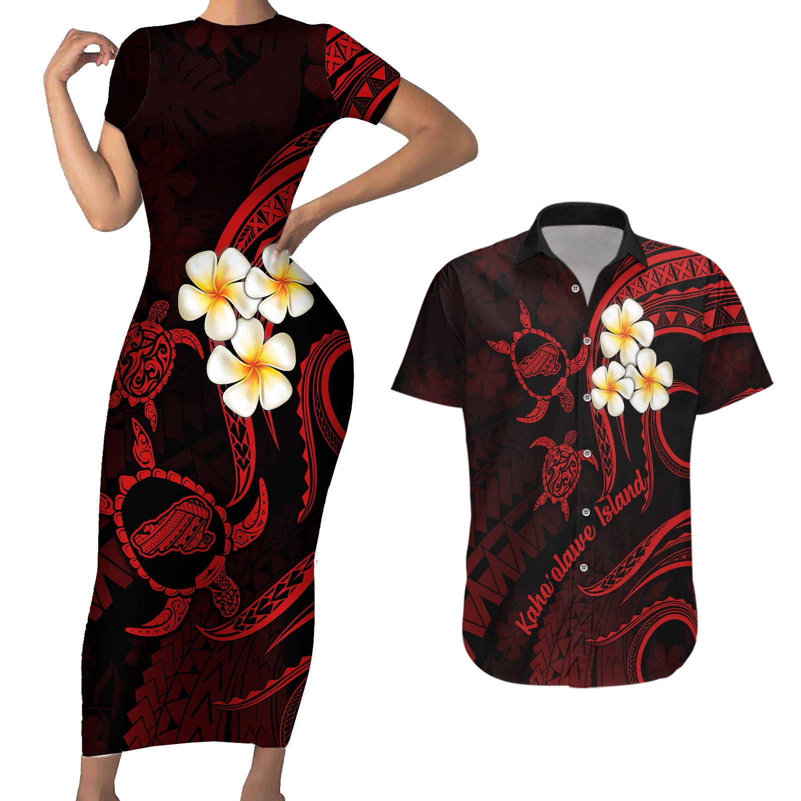 Polynesian Hawaii Couples Short Sleeve Bodycon Dress and Hawaiian Shirt Kahoolawe Islands with Pacific Plumeria Red Vibe LT9 Red - Polynesian Pride