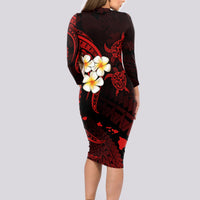 Polynesian Hawaii Long Sleeve Bodycon Dress Kahoolawe Islands with Pacific Plumeria Red Vibe LT9 - Polynesian Pride