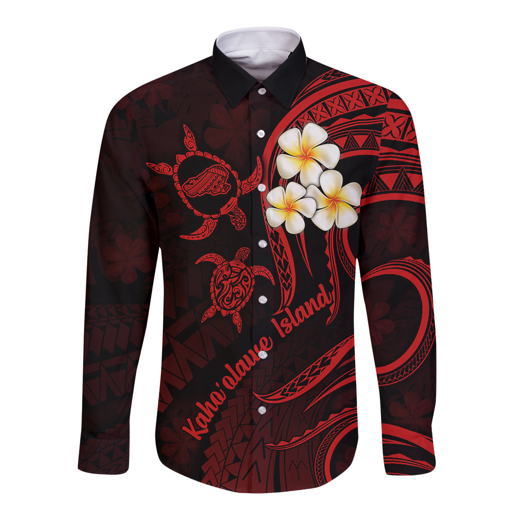 Polynesian Hawaii Long Sleeve Button Shirt Kahoolawe Islands with Pacific Plumeria Red Vibe LT9 Unisex Red - Polynesian Pride