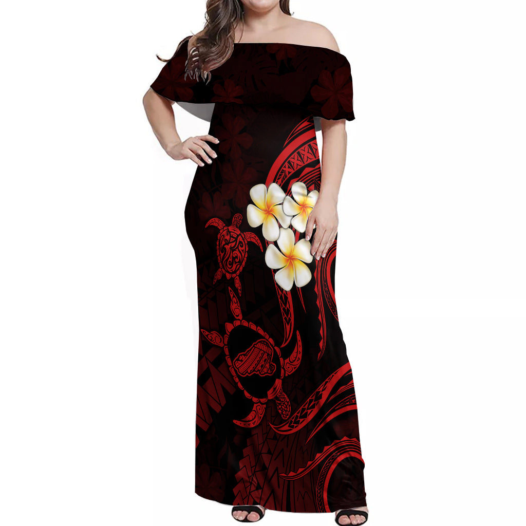 Polynesian Hawaii Off Shoulder Maxi Dress Kahoolawe Islands with Pacific Plumeria Red Vibe LT9 Women Red - Polynesian Pride