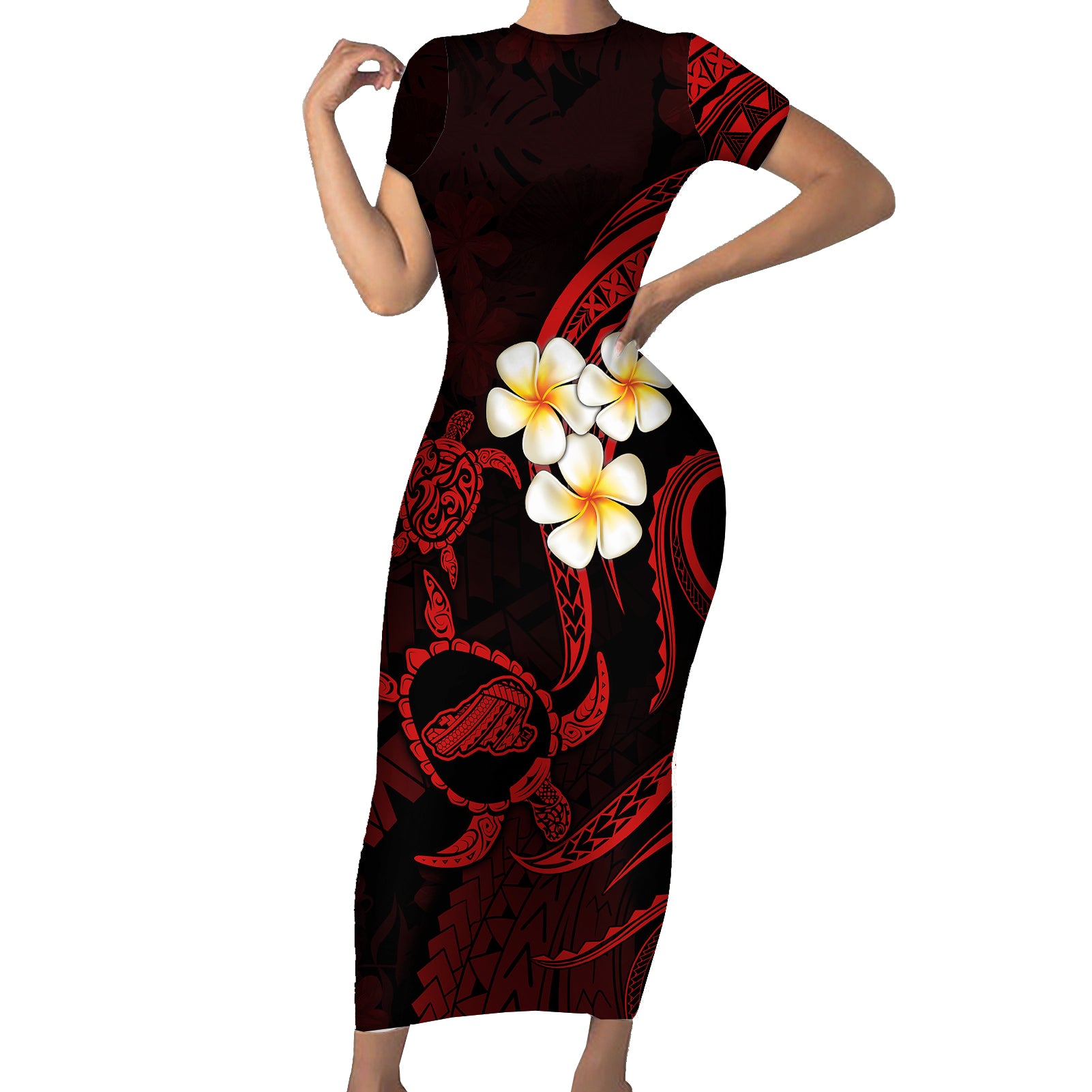 Polynesian Hawaii Short Sleeve Bodycon Dress Kahoolawe Islands with Pacific Plumeria Red Vibe LT9 Long Dress Red - Polynesian Pride