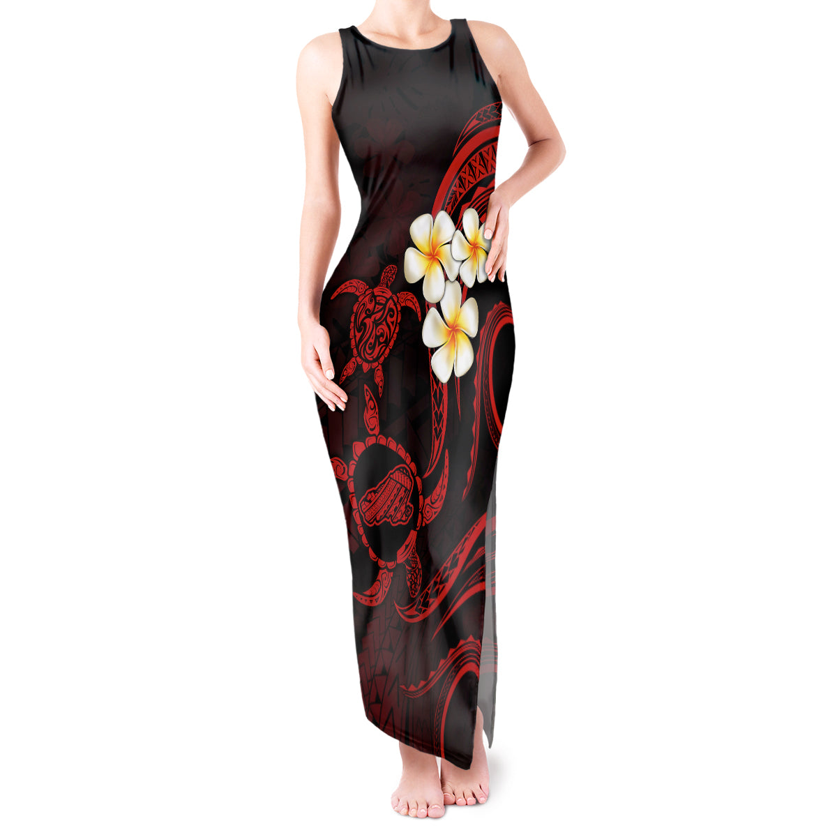 Polynesian Hawaii Tank Maxi Dress Kahoolawe Islands with Pacific Plumeria Red Vibe LT9 Women Red - Polynesian Pride